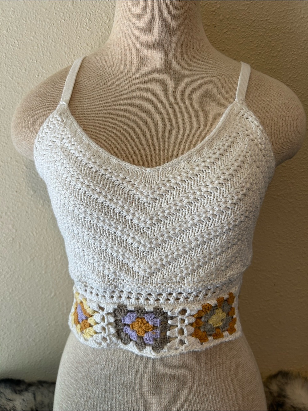 Hollister White Crochet Knit Crop Tank Top with Floral Accent